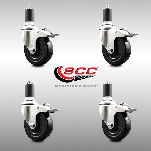 4 Inch 316SS Hard Rubber Wheel Swivel 1-1/2 Inch Stem Caster Set Lock Brake SCC